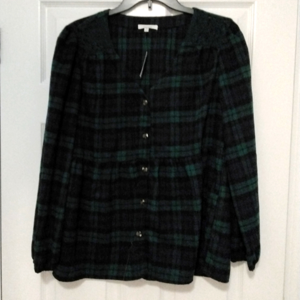 Maurices navy/green plaid lace shoulder peplum flannel shirt